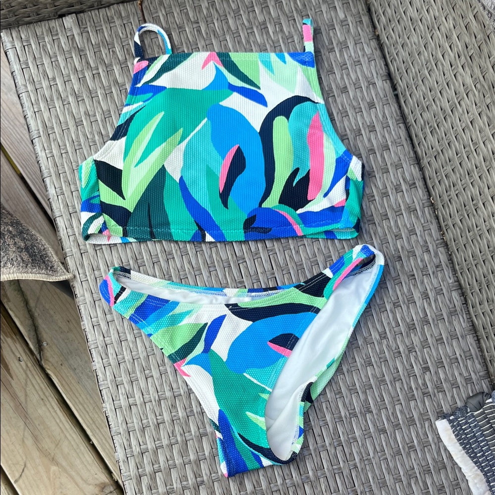Shade & Shore Blue, Green and White Leaf-Print Bikini Set